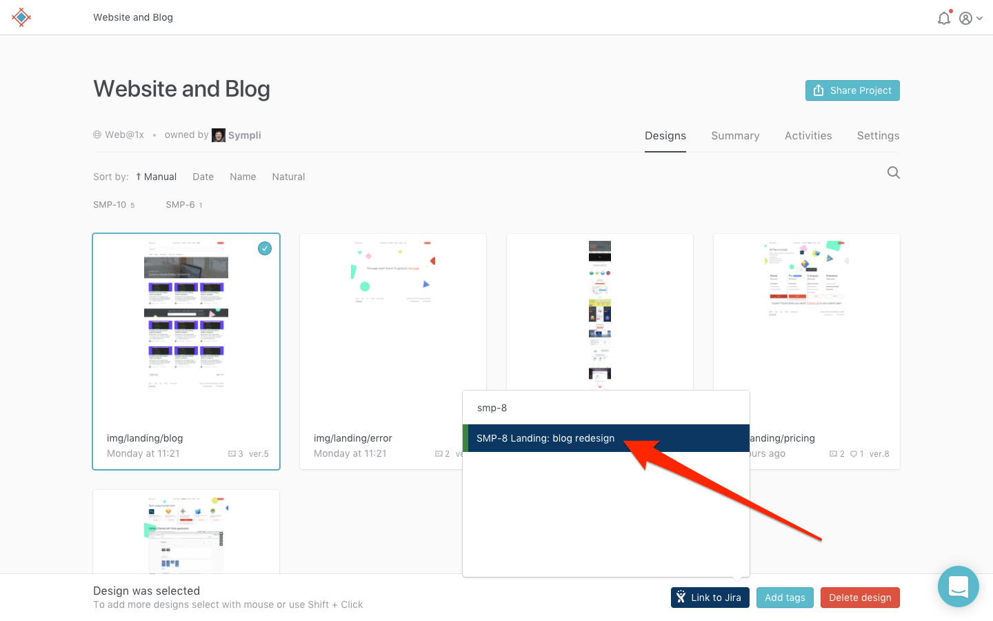 Exporting screens to Jira from Sympli